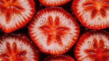 A close-up image reveals the intricate texture and juicy details of several sliced strawberries.の素材