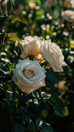 A close up of three cream colored roses in full bloom, bathed in sunlight among lush green foliage.の素材