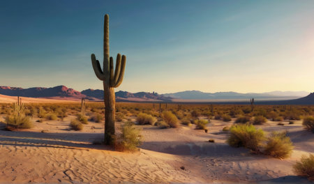 Saguaro cactus in the middle of the desert at sunsetの素材