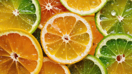 A close-up image shows numerous vibrant slices of oranges, limes, and lemons, creating a colorful and appetizing background.の素材