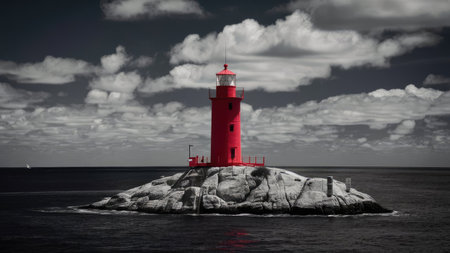 A vibrant red lighthouse stands prominently on a rugged, rocky island in a dark monochrome seascape under a cloudy sky.の素材