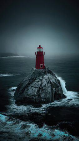A solitary red lighthouse bravely withstands fierce waves crashing against a rocky outcrop in a dramatic seascape.の素材