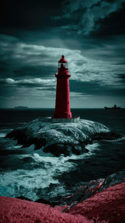 A vibrant red lighthouse stands on a rocky outcrop amidst dramatic dark clouds and stormy ocean waves.の素材