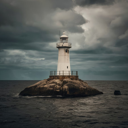 A weathered white lighthouse stands on a dark rocky island in a moody ocean scene under a stormy sky.の素材