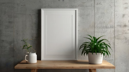A minimalist scene featuring a white frame mockup, plants, and a wooden table against a concrete wall.の素材