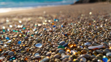 A beach covered in colorful sea glass and various sized pebbles, lit by sunlight.の素材