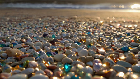 A close up view of colorful, glistening pebbles on a beach at sunset, showing the texture and light reflection.の素材