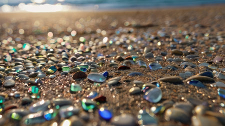 A close-up view of a sandy beach covered in colorful sea glass pieces, glistening in the sunlight.の素材
