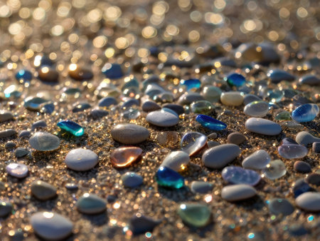 Colorful stones on the beach in the rays of the setting sunの素材