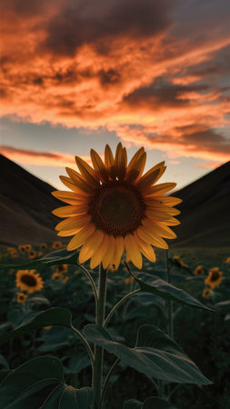 A single sunflower stands tall in a field at sunset, its yellow petals illuminated by the warm colors of the sky.の素材