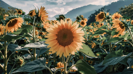 Sunflower blooming on the field with mountain background, Thailand.の素材