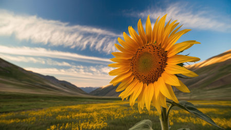 A single vibrant sunflower stands prominently in a mountain valley, surrounded by a field of smaller yellow flowers under a partly cloudy sky.の素材