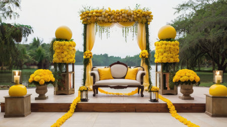 A beautiful outdoor wedding ceremony setup featuring a yellow floral arch, sofa, and pathway.の素材
