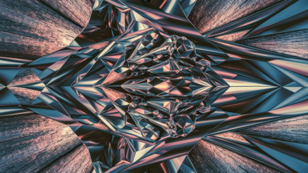 The image showcases a digital artwork depicting an abstract metallic crystal structure with intricate geometric shapes and reflective surfaces exhibiting a gradient of dark teal, bronze, and pink hues.の素材