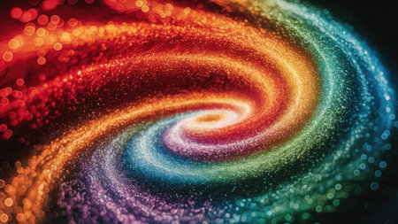 An abstract image depicting a swirling rainbow galaxy composed of glittering particles and bokeh effects.の素材