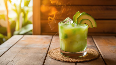 A vibrant green iced avocado drink garnished with avocado slices sits on a rustic wooden table, illuminated by sunlight.の素材