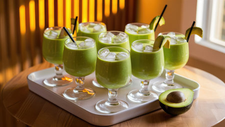 Six glasses of chilled avocado smoothies garnished with avocado slices, served on a white tray.の素材