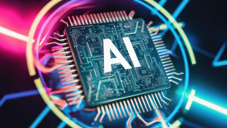 A close-up image depicts an AI microchip, surrounded by vibrant neon lights, symbolizing advanced technology and artificial intelligence.の素材