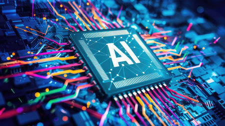 A stylized image depicts an AI chip integrated into complex circuitry, representing advanced technology and artificial intelligence.の素材