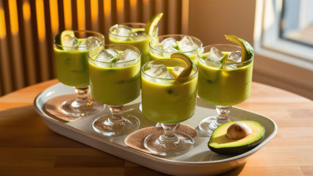 Five glasses of icy green avocado drinks garnished with lime, served on a tray, beside a halved avocado.の素材
