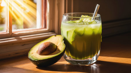 A glass of vibrant green avocado smoothie sits on a wooden surface next to a halved avocado in sunlight.の素材