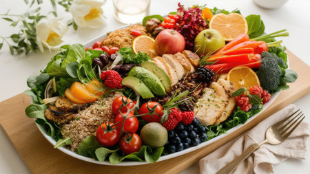 A large platter showcasing a vibrant array of healthy foods including grilled chicken, fresh fruits, vegetables, and grains.の素材