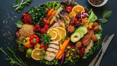 A vibrant platter showcasing grilled fish alongside an array of fresh vegetables, fruits, and falafel, representing a healthy and balanced meal.の素材