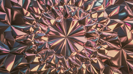 An image showing a close up of an abstract rose gold metallic surface with a crystal like texture and iridescent coloring.の素材