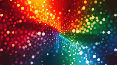 A vibrant abstract image featuring multicolored bokeh lights creating a dynamic and festive background.の素材