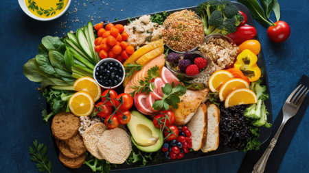 A vibrant and healthy food platter featuring salmon, avocado, various fruits and vegetables, and grains.の素材