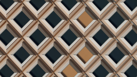 The image shows a repeating pattern of interlocking squares in beige, white, and dark teal, creating a modern geometric design.の素材