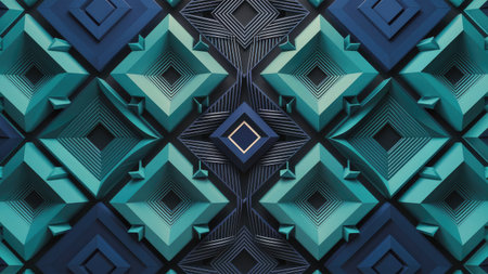 A digitally rendered image showcasing a complex pattern of teal and blue geometric shapes creating a visually striking and symmetrical design.の素材