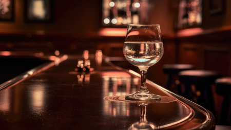 A single glass of water rests on a dark, polished bar top in a dimly lit bar setting.の素材
