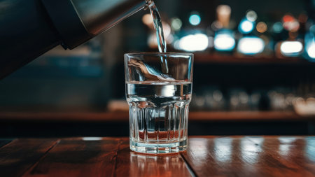 A close-up shot depicts water being poured into a clear glass on a dark wooden bar top with a blurred background.の素材