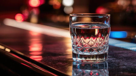A crystal glass of water sits on a dark bar top with blurred red and blue lights reflecting in the glass and surface.の素材