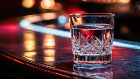 A cut-crystal glass of water sits on a dark bartop reflecting colorful lights.の素材