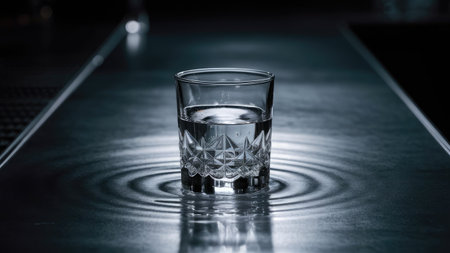 A single, half-filled crystal shot glass of water sits on a dark, reflective surface creating ripples.の素材