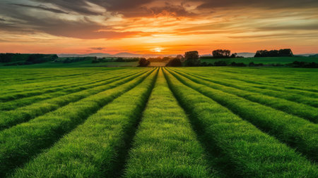 A vibrant sunset illuminates rows of lush green grass in a tranquil agricultural field.の素材