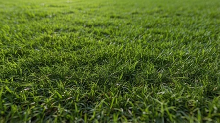 A close up view of vibrant green grass blades illuminated by sunlight showcasing its texture and detail.の素材