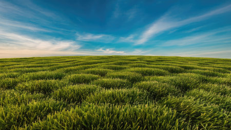 A picturesque landscape showcasing a gently undulating green field beneath a vibrant blue sky with wispy clouds.の素材