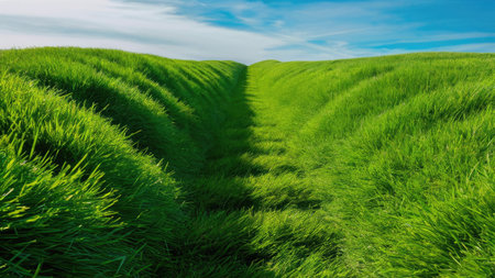 A picturesque landscape featuring vibrant green grass rolling into hills, contrasted by a clear blue sky.の素材