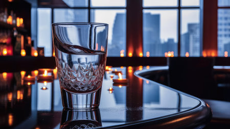 A crystal glass of liquid sits on a dark bar top, reflecting city lights and candlelight in a stylish setting.の素材