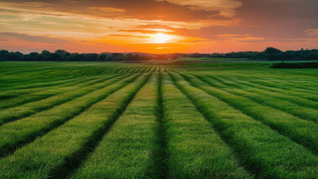 A picturesque landscape featuring a vibrant sunset over a meticulously arranged field of lush green grass.の素材