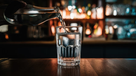 A hand pours water into a glass filled with ice on a dark wooden bar counter, the background is blurred.の素材