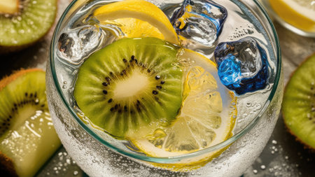 A close-up image of a glass containing a refreshing drink made with kiwi, lemon, and ice.の素材