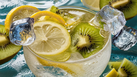 A close-up shot of a glass filled with a refreshing drink featuring kiwi and lemon slices, ice cubes, and bubbles.の素材