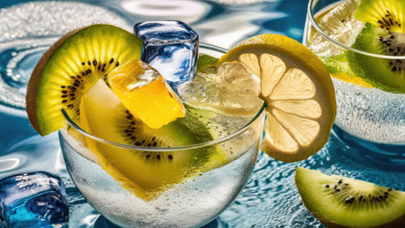 A close-up image showcases a refreshing drink filled with kiwi and lemon slices, ice cubes, in a glass against a blue background.の素材