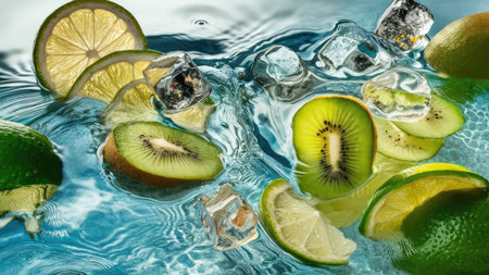 Slices of kiwi and lime float in icy water creating a refreshing and vibrant image.の素材
