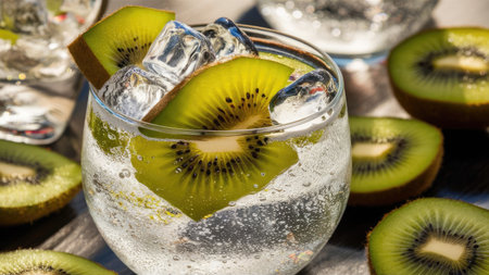 A glass of sparkling water with fresh kiwi slices and ice cubes is the main subject of this close-up image.の素材