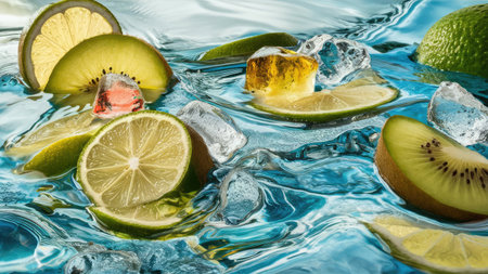 A vibrant image showcases lime, kiwi, and lemon slices submerged in turquoise water with ice cubes.の素材